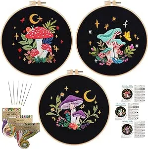 Nuberlic 3 Pack Embroidery Kit for Beginner Adults, Stamped Cross Stitch with Mushroom Patterns Include 3 Hoop, Cloth Thread Needles and Instructions