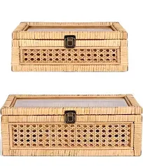 Rattan Decorative Box with Lid, Rectangular Woven with Glass for Display, Set of