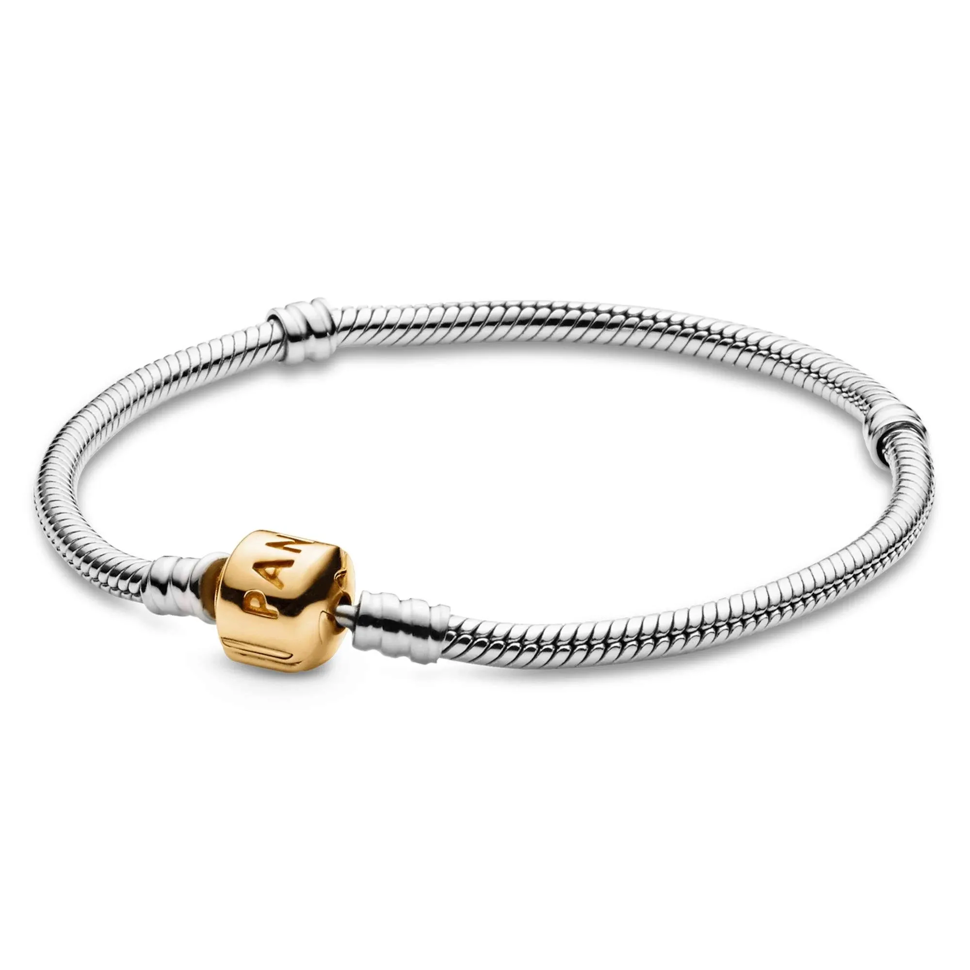 Pandora Logo Barrel Clasp Snake Chain Bracelet - Two-Tone Charm Bracelet for Women - Compatible Moments Charms - Sterling Silver Gold - Gift for Her - 9.0"