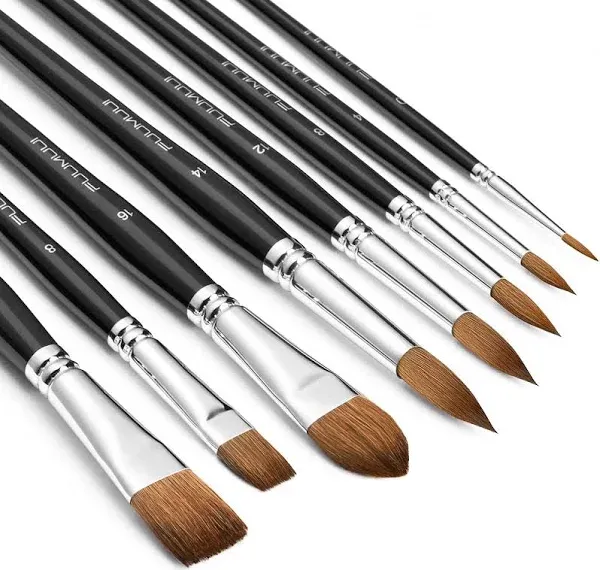 Sable Watercolor Brushes Professional, Fuumuui 8Pcs Kolinsky Sable Brush Set Variety Shapes with Flat, Round Pointed, Cat's Tongue Oval Wash Perfect for Watercolor Acrylic Gouache Inks Painting