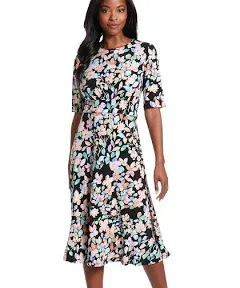 Women's London Times Printed Midi A-Line Dress, Size: 16, Navy Coral