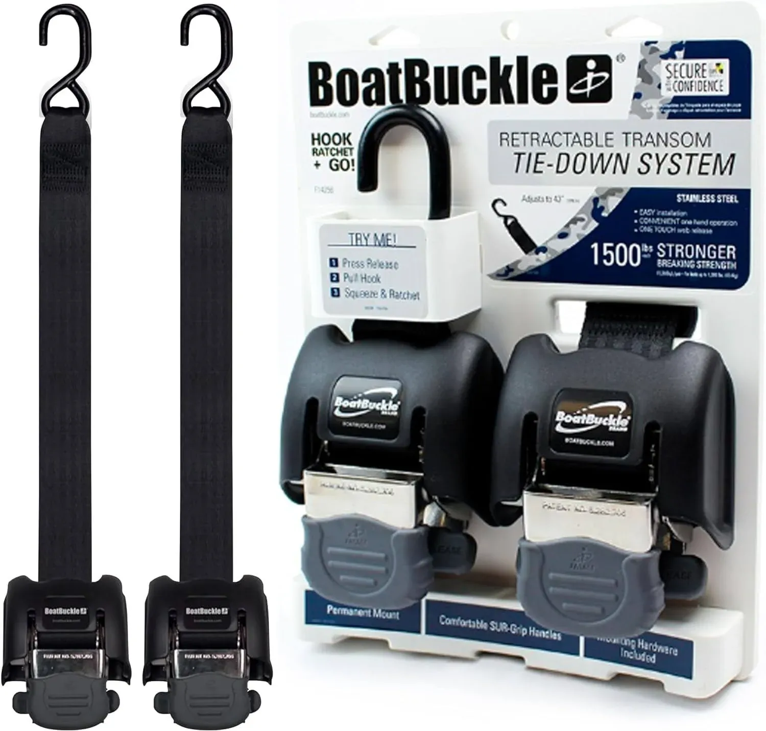 BoatBuckle G2 Stainless Steel Retractable Tie-Down Transom Straps - for Brack...