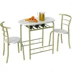 VECELO 3 Piece Small Round Dining Table Set for Kitchen Breakfast Nook, Wood Grain Tabletop with Wine Storage Rack, Save Space, 31.5", White & Gold