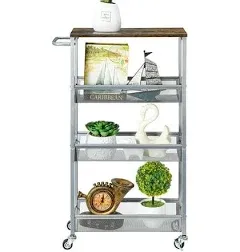 4 Tier Slim Storage Cart with Wooden Top &amp; Handle Slide Out Narrow Shelving Unit