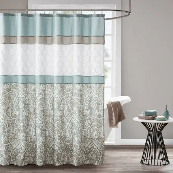 Shower Curtain, Geometric Textured Embroidery Design with Built-In Liner, Modern