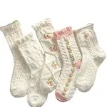 5 Pairs White Cute Socks, Women's Lace Ruffles Ankle Casual Sock, Cottagecore Breathable Mid Tube Socks, Floral Crew Socks