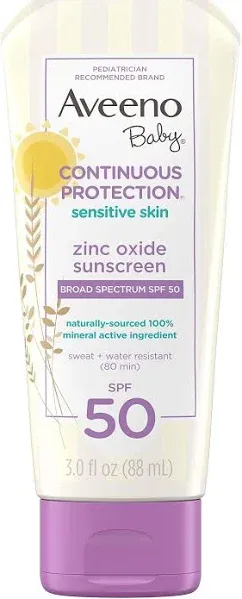 Aveeno Baby Continuous Protection Sensitive Skin Lotion Zinc Oxide Sunscreen SPF 50