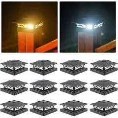 VOLISUN Solar Post Cap Lights,6Pack Outdoor Fence Post Cap Lights, White/Black Solar Powered Deck Lights for Dock Waterproof 2 Color Modes,4x4/6x6 Wooden/Vinyl Posts