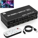 8K HDMI Switch 5 in 1 Out, 5 Port HDMI Splitter with IR Remote HDMI Switcher Selector Box Support 8K@60Hz 4K@120Hz, HDMI 2.1 Switch Compatible with