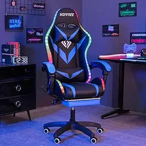 Hoffree LED Gaming Chair with Massage Video Game Chairs with Footrest Ergonomic High Back Reclining Computer Chair Blue and Black