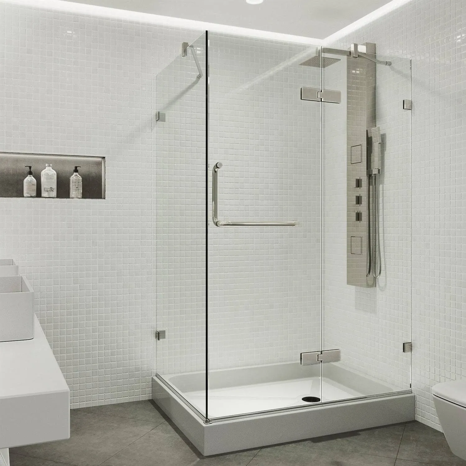 VIGO Monteray 32 x 40 Frameless .375-in. Clear Glass/Brushed Nickel Hardware Shower Enclosure with Right Base