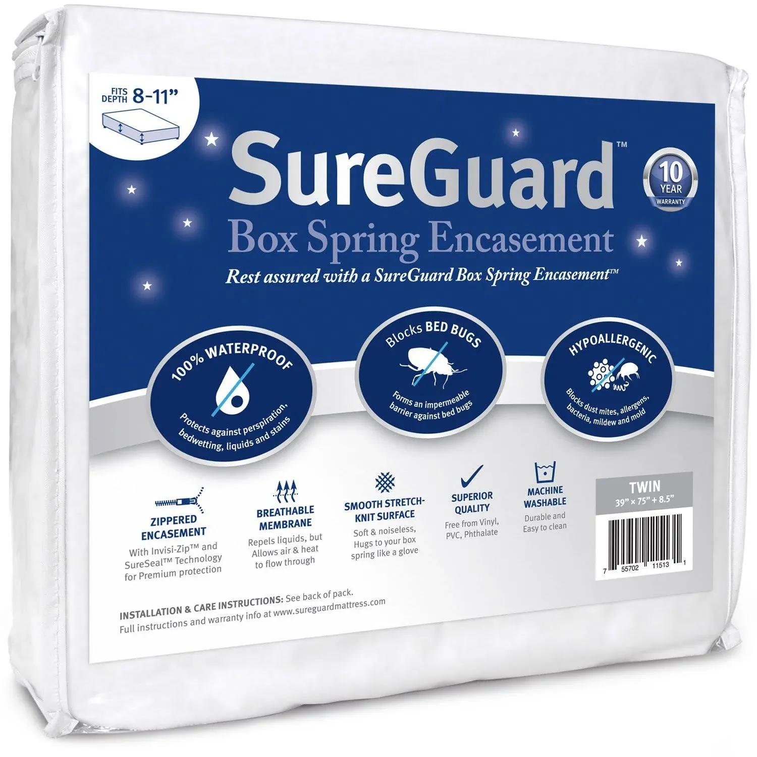 Twin Size SureGuard Box Spring Encasement - 100% Waterproof, Bed Bug Proof, Hypoallergenic - Premium Zippered Six-Sided Cover