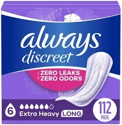 Always Discreet Adult Extra Heavy Long Incontinence Pads, Up to 100% Leak-Free Protection, 45 Count x 2 Packs (90 Count Total), Size: 8.19 x 11.69 x