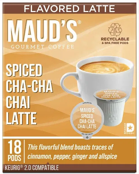 Maud's Espresso Chai Tea Latte Tea Pods, 18 ct | Dirty Cha Cha Chai Latte Flavored Tea | Solar Energy Produced Recyclable Single Serve Chai Latte Pods Compatible with Keurig K-Cup Brewers