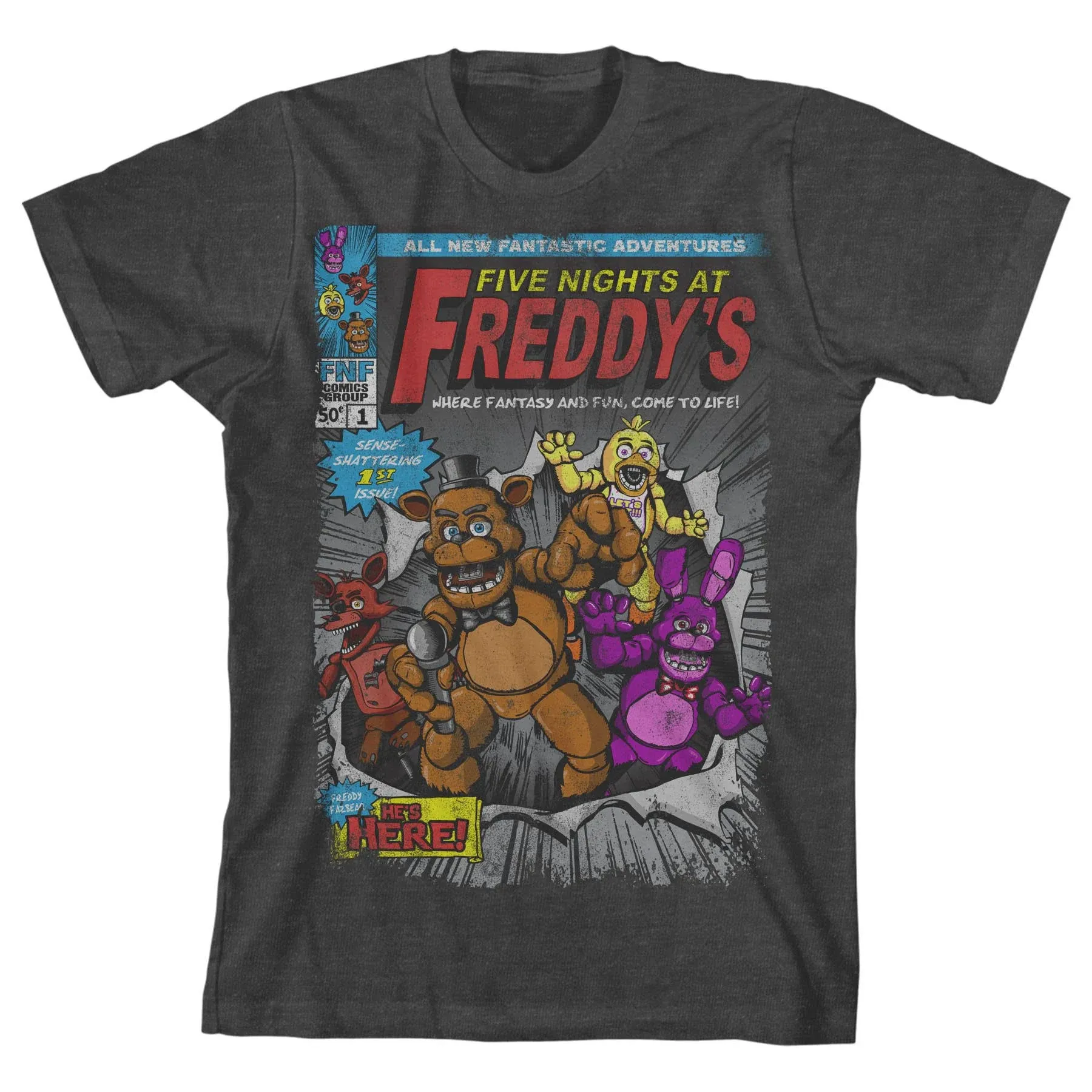 Five Nights at Freddy's Comic Cover Art Boy's Charcoal Heather T-shirt-Medium