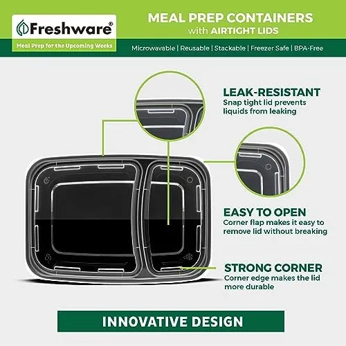 Freshware Meal Prep Containers [15 Pack] 2 Compartment with Lids, Food Storage Containers, Bento Box, BPA Free, Stackable, Microwave/Dishwasher