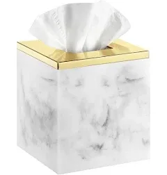 Luxspire Marble Tissue Box Cover, Square Tissue Box Holder with Golden Lid, Resin Modern Tissue Holder, Napkin Dispenser for Bathroom Vanity Countertop, Night Stands, Marble White + Gold