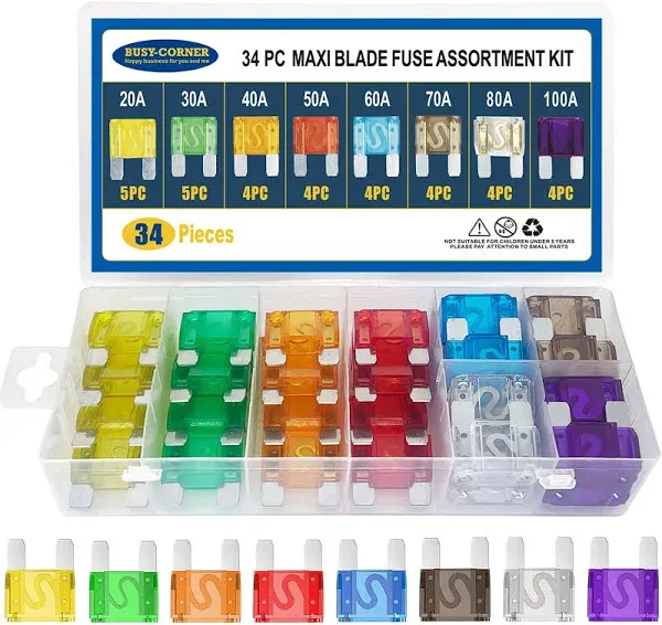 Maxi Blade Fuse Assortment Car Fuse 20A 30A 40A 50A 60A 70A 80A 100A Maxi Auto Fuse Kit BUSY-CORNER 34 Pieces