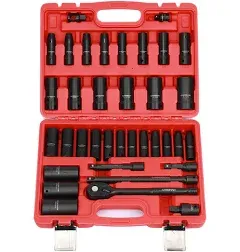 CASOMAN 1/2" Drive Master Impact Socket Set, 36 Piece Deep, Standard SAE (3/8" To 1-1/4") & Metric (10-32 mm) Sizes, Includes Extension Bar (3, 5, 10-inch), Adapters & Ratchet Handle, CR-V Steel