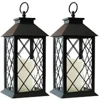 Bright Zeal 2-Pack 14" Candle Lanterns Outdoor Waterproof Decorative Lights with Timer - Cool White Decorative Indoor LED Lanterns Battery Operated Black Lanterns -Vintage Lantern Wedding Decorations