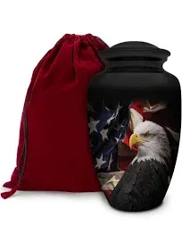 Patriotic Hearts Eagle Urn for Human Ashes | American Flag Cremation Urn for Adults, Veteran, Medium Size, Handmade Funeral Urns with Velvet Bag