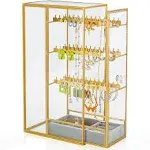 Glass Earring Holder Organizer, Jewelry Organizer Earrings Holder with Hanging Hook, Glass Earring Display Box for Necklace Ring Storage