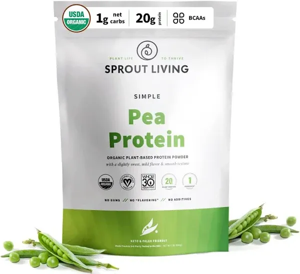 Sprout Living Organic Pea Protein Powder, 20 Grams of Plant Based Organic Protein Powder Without Artificial Sweeteners, Non Dairy, Non-GMO, Dairy Free, Vegan, Gluten Free, Keto Drink Mix (1 Pound)