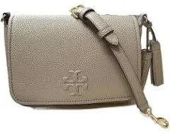 Tory Burch Thea Gray Pebbled Leather Flap Crossbody Shoulder Bag Purse 144688