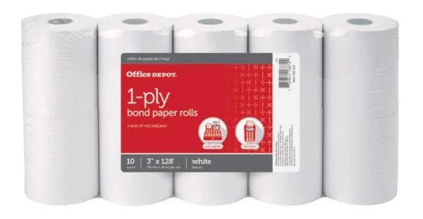 1-Ply Paper Rolls, 3in. x 128ft, White, Pack of 10, 109023