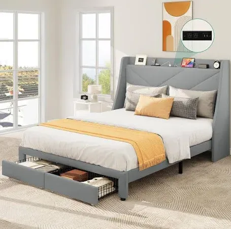 YITAHOME Storage Bed Frame, Queen Size Bed Frame with Type-C & USB Port and 2 Drawers, Upholstered Headboard Storage Shelf Platform Bed, No Box Spring Needed, Easy Assembly, Grey