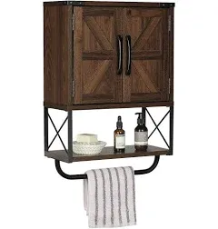 RUSTOWN Farmhouse Rustic Medicine Cabinet with Two Barn Door,Wood Wall Mounted Storage Cabinet with Adjustable Shelf and Towel Bar