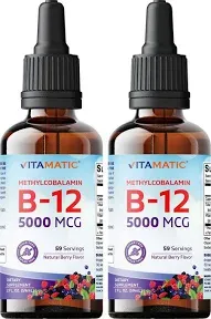 Vitamatic 2 Packs Fast Acting Liquid Vitamin B12 5000 mcg (Methylcobalamin) - Natural Berry Flavor - Sublingual Supplement - Faster Absorption - 2 OZ