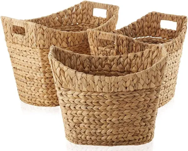 Casafield Set of 3 Stackable Oval Laundry Baskets with Handles - Natural, Woven Water Hyacinth Storage Totes for Throw Blankets, Bathroom, Bedroom, Living Room