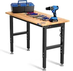 WORKPRO Adjustable Garage Workbench, 48"x22" Rubber Wood Top Heavy-Duty Work Desk with Power Outlets, Leveling Foot, 5 Heights, 1500 LBS Load Capacity Work Benches for Garage, Workshop, Office, Home