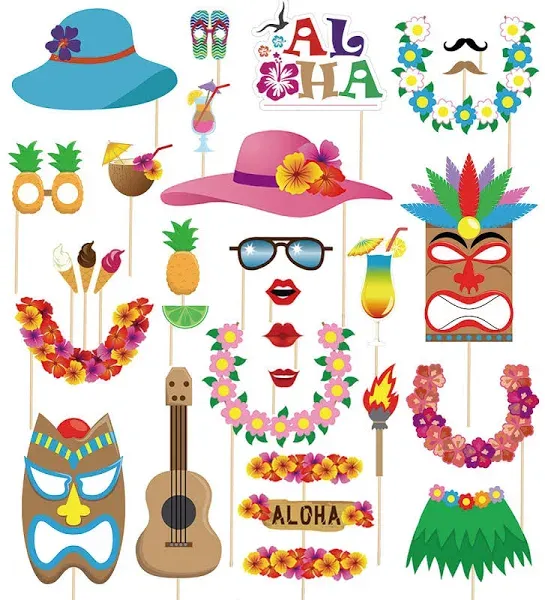 60pcs Luau Photo Booth Props - Hawaiian/Tropical/Tiki/Summer Pool Party Decorations Supplies (Assembly Needed)