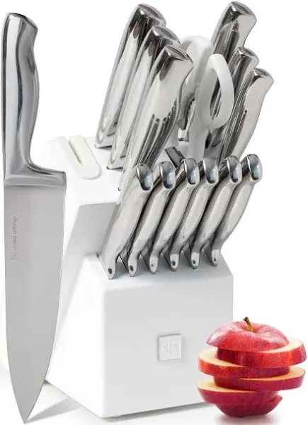 Styled Settings Stainless Steel Knife Set with Built In Sharpener - 14 Piece Ultra Sharp, High Carbon Stainless Steel Kitchen Knife Set Includes White Knife Block with Sharpener Built In