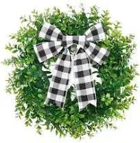 CEWOR 15in Artificial Boxwood Wreath Spring Summer Wreath Faux Greenery Leaves W