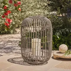 Luminara Grey 16" Weathered Rattan Lantern with Outdoor Flameless Candle and Remote Control