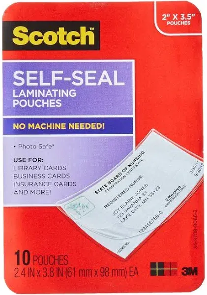 Scotch Self-Sealing Laminating Pouches, 25 Pack, Business Card Size, Great for Gift Tags