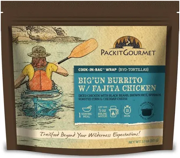 Packit Gourmet Big'un Burrito With Fajita Chicken| Premium Freeze Dried Backpacking & Camping Food | Large Portions | High Protein | Real Meat | Just Add Water Meal |All-Natural Ingredients | Made in USA |Freeze-Dried and Dehydrated Foods