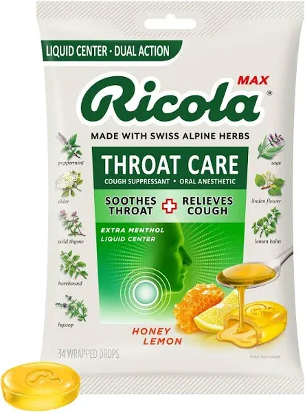 Ricola Max Throat Care Honey Lemon Wrapped Drops