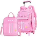 MITOWERMI Rolling Backpack for Girls Cute Trolley Bags Primary School Bookbags with Wheels Kids Carry-On Wheeled Backpack with Lunch Bag