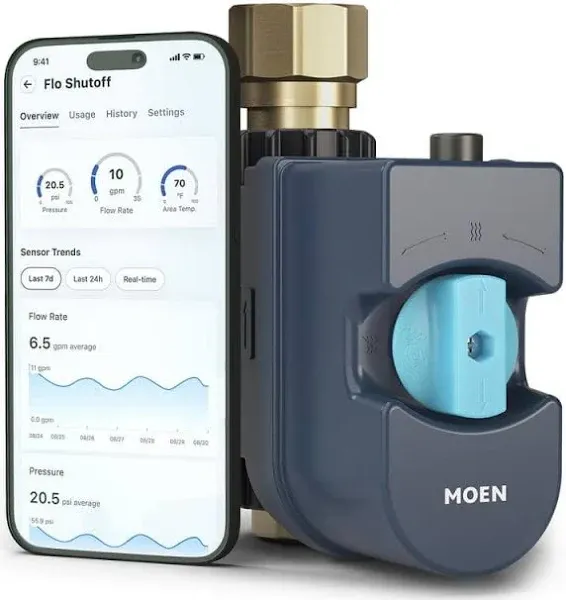 Moen Flo Smart Water Monitor &amp; 1&#034; Shutoff with 2 Smart Leak Detectors 900-00