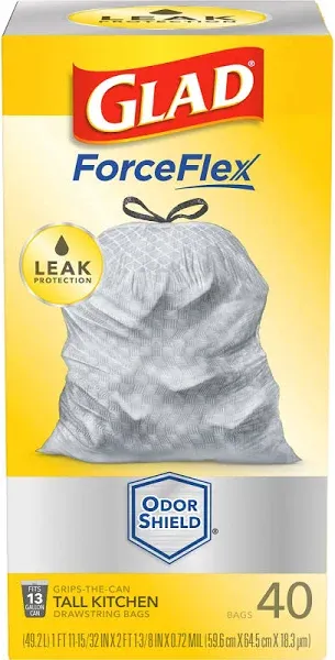 Glad ForceFlex Tall Kitchen Drawstring Trash Bags, 13 Gallon, Gain Fresh Clean with Febreze Freshness, 120 Count