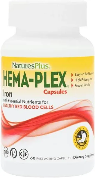 NaturesPlus Hema - Plex Iron - 60 Fast - Acting Capsules - 85 mg Elemental Iron