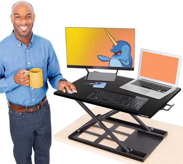 Stand Steady X-Elite Pro, Ergonomic Adjustable Height Standing Desk Converter for Home or Office, Easy Lift Sit to Stand Laptop Desk Riser for Laptop and Computer Monitor (Black, 28in x 20in)