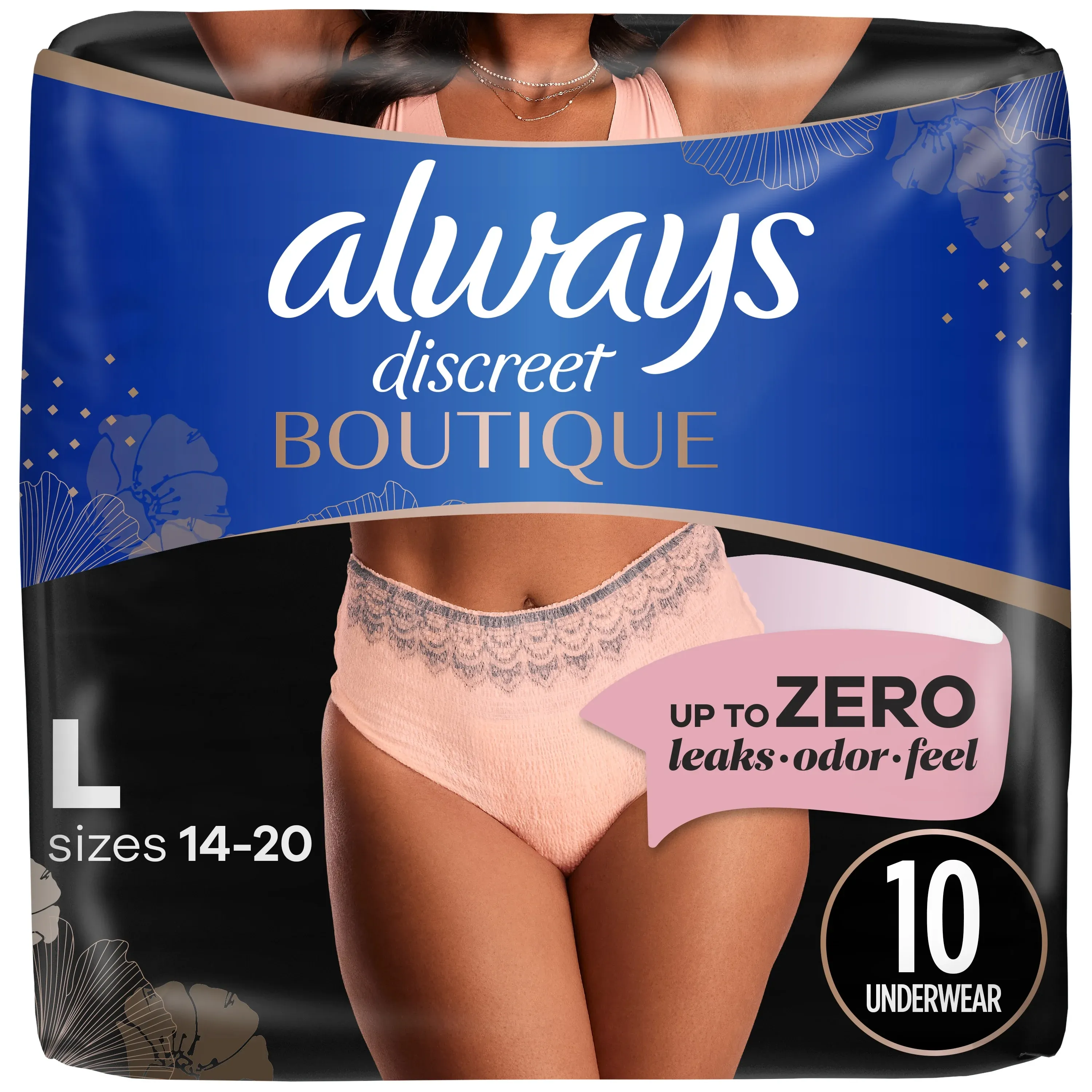 Always Discreet Boutique Incontinence Underwear, Maximum Protection, Size L, Rosy, 10 Ct