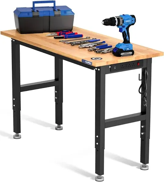 WORKPRO 48&quot; Adjustable Workbench, Rubber Wood Top Heavy-Duty Workstation, 1500 LBS Load Capacity Hardwood Worktable with Power Outlets, Leveling Foot, for Workshop, Garage, Office, Home