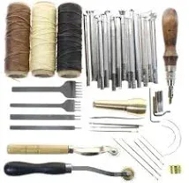 BIGTEDDY - Leather Working Tools and Supplies with Leather Tool Box Prong Punch Edge Beveler Wax Ropes Needles Perfect for Stitching Punching Cutting Sewing Leather Craft Making