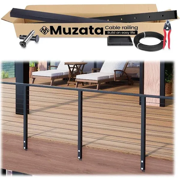 Muzata 3'-6'6" Complete Set Cable Railing System 36" Brushed Stainless Steel Cable Railing Post with Cable Rail Handrail Super Easy Length Adjustable Deck Railing for Level Section RCS2 LH4S